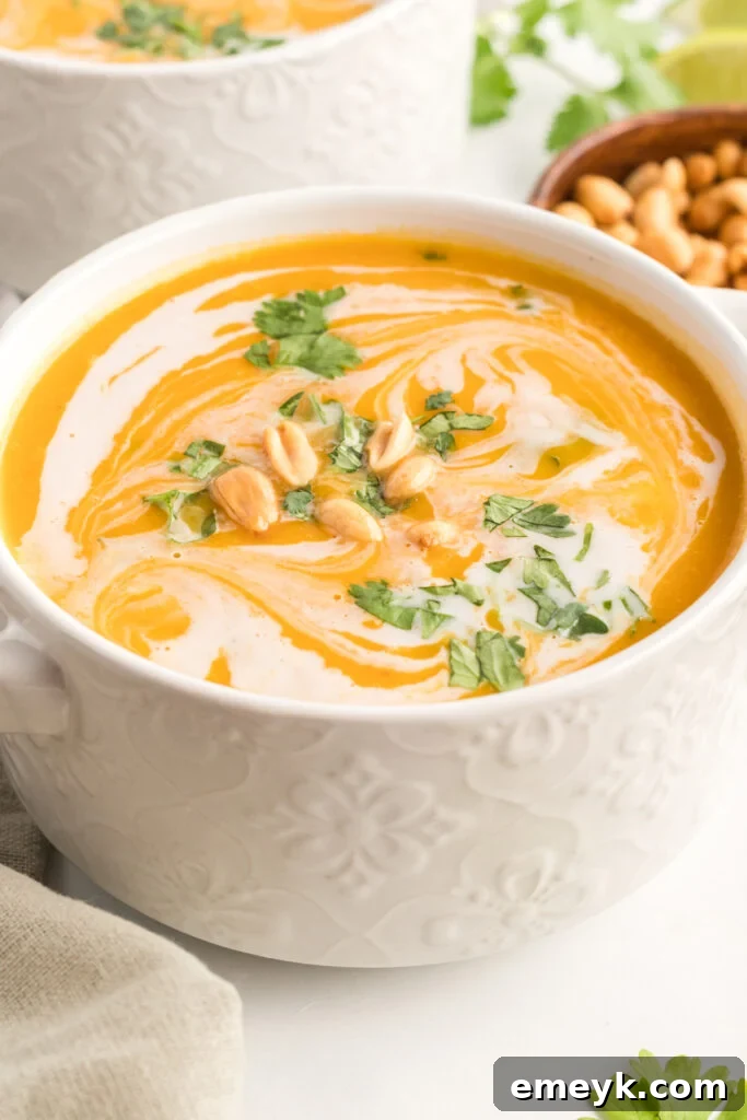 A vibrant bowl of Curried Butternut Squash Soup, garnished with fresh cilantro and a swirl of coconut cream, invitingly placed on a rustic table.