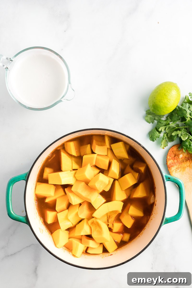 Cubed butternut squash and vegetable broth simmering together in a pot, softening the squash.