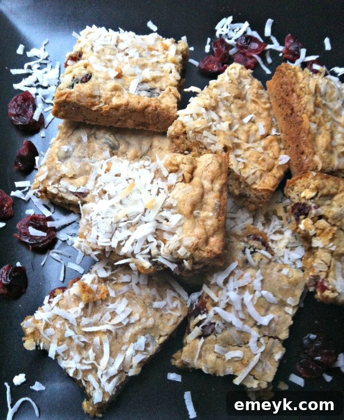 Delicious Chewy Coconut Cranberry Oatmeal Bars displayed on a cooling rack, ready to be enjoyed as a healthy family snack.