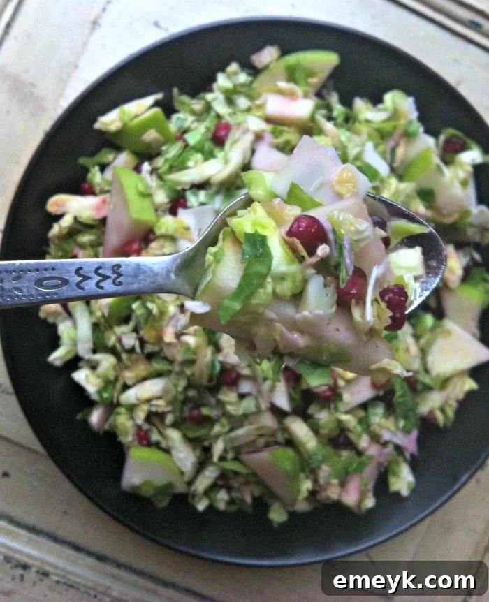 Close-up of a vibrant Shaved Brussels Sprout Salad with Apple and Pomegranate, showcasing fresh ingredients and a healthy, delicious appeal.