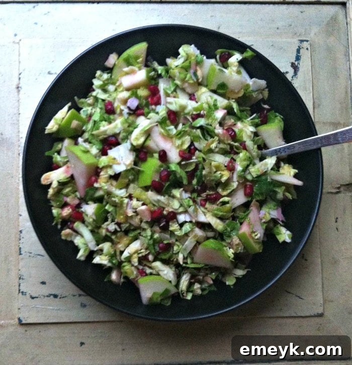 An overhead view of a colorful bowl of Shaved Brussels Sprout Salad with Apple and Pomegranate, ready to be enjoyed as a wholesome meal.