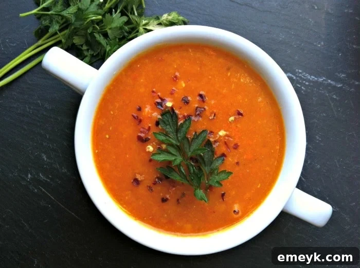 Vibrant Red Lentil Coconut Soup 2 A steaming bowl of vibrant Red Lentil Coconut Soup garnished with fresh cilantro and red pepper flakes.