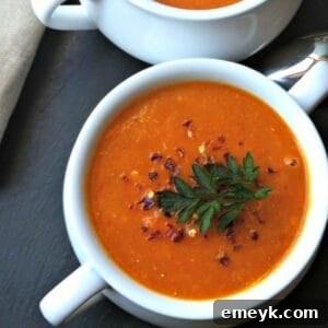 Red Lentil Coconut Soup in a bowl, top view.