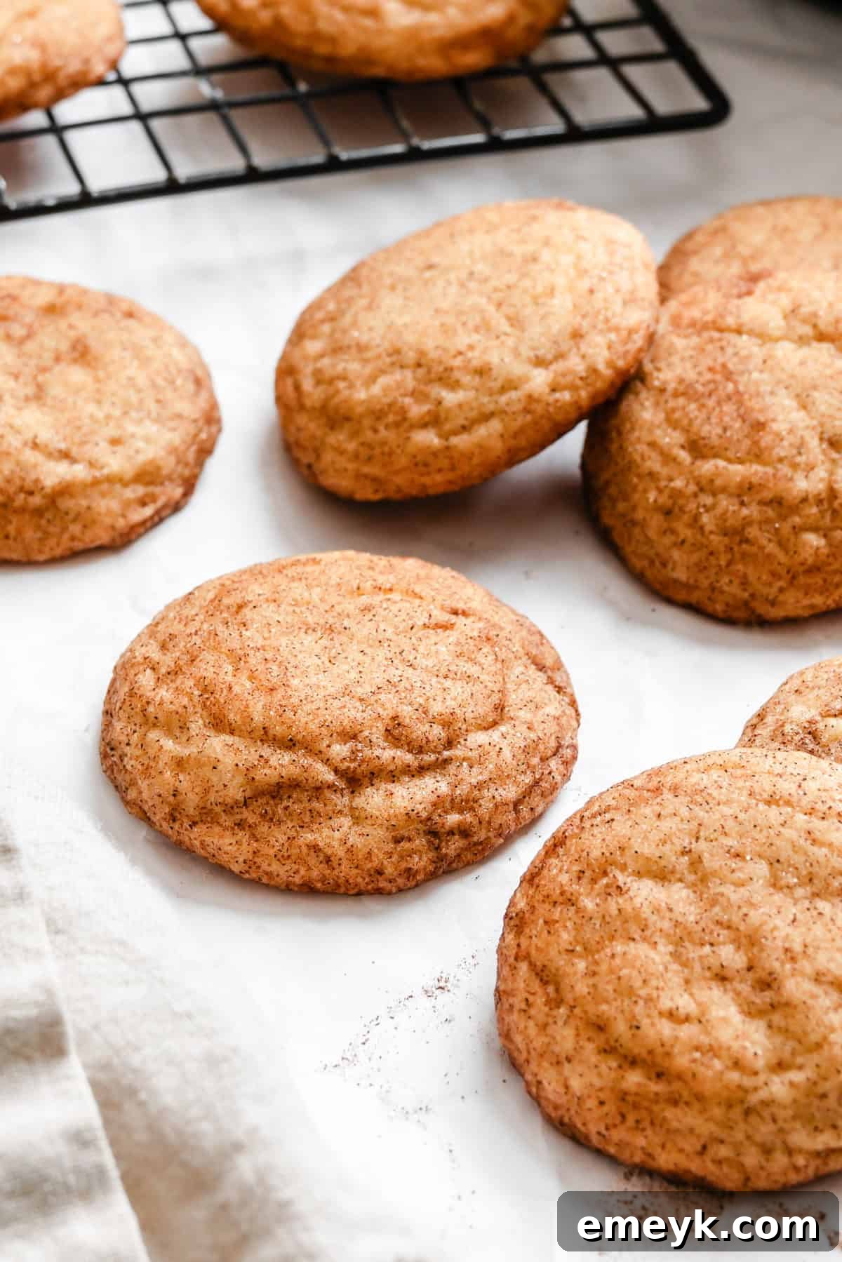 Easy Snickerdoodle Recipe on white paper, showing perfectly baked, soft cookies dusted with cinnamon sugar.