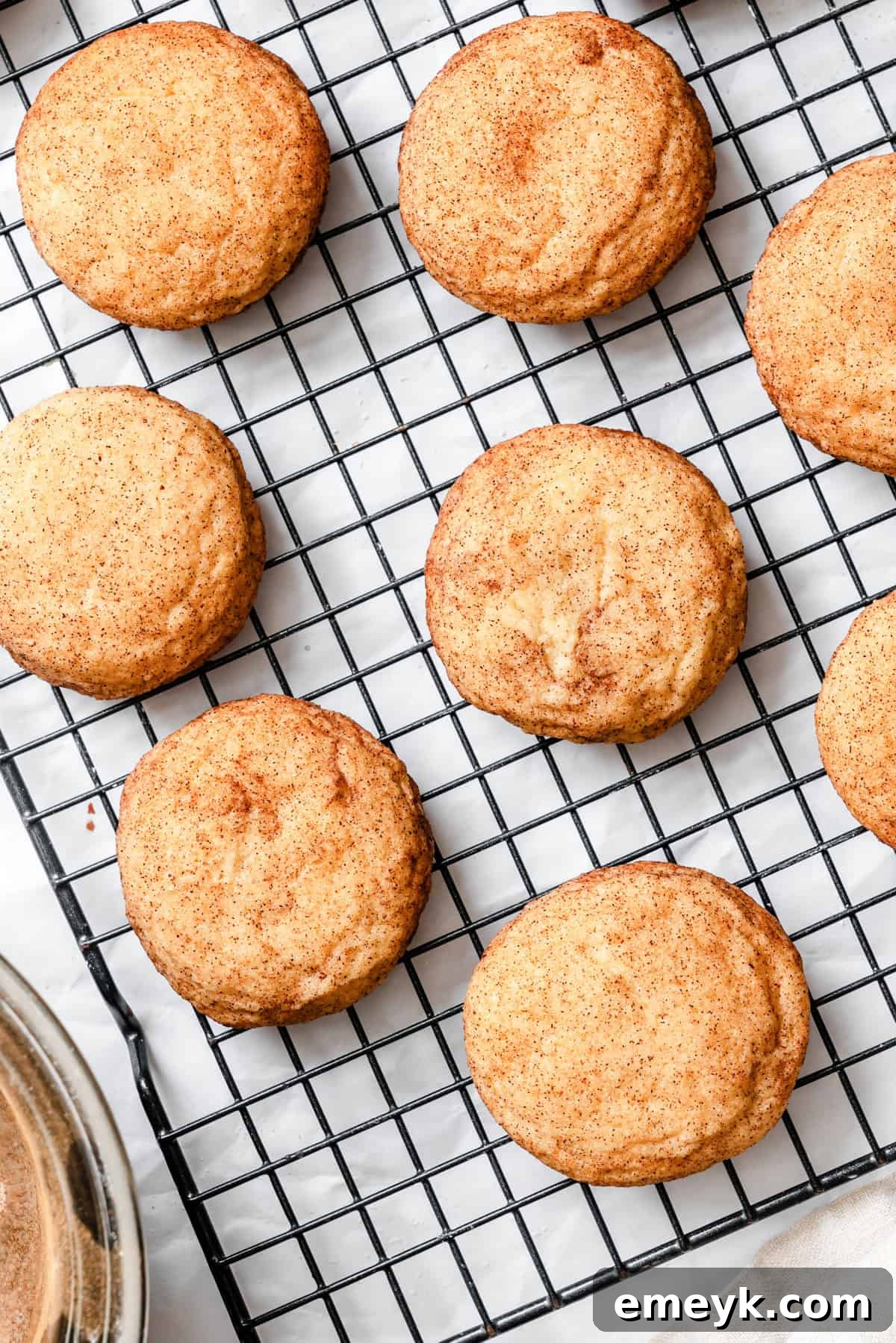 Easy Snickerdoodle Recipe cookies cooling on a wire rack after baking, showing their golden brown edges and cinnamon sugar coating.