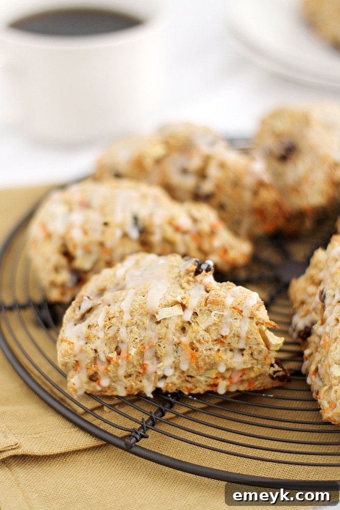Daybreak Bliss Scones 4 Close-up of Morning Glory Scones, showing the texture and visible pieces of carrot and nuts.
