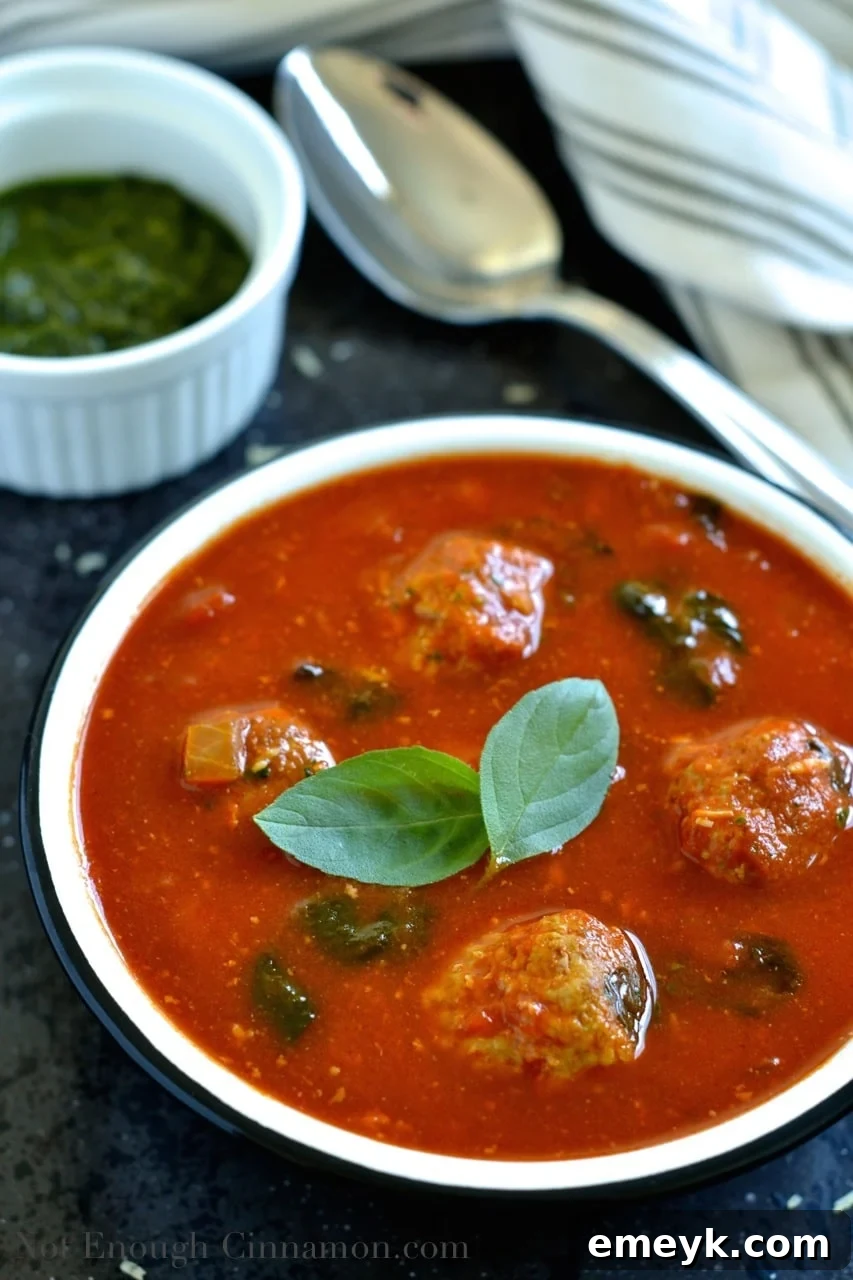 A bowl of creamy Spinach and Tomato Soup, garnished with fresh basil leaves.