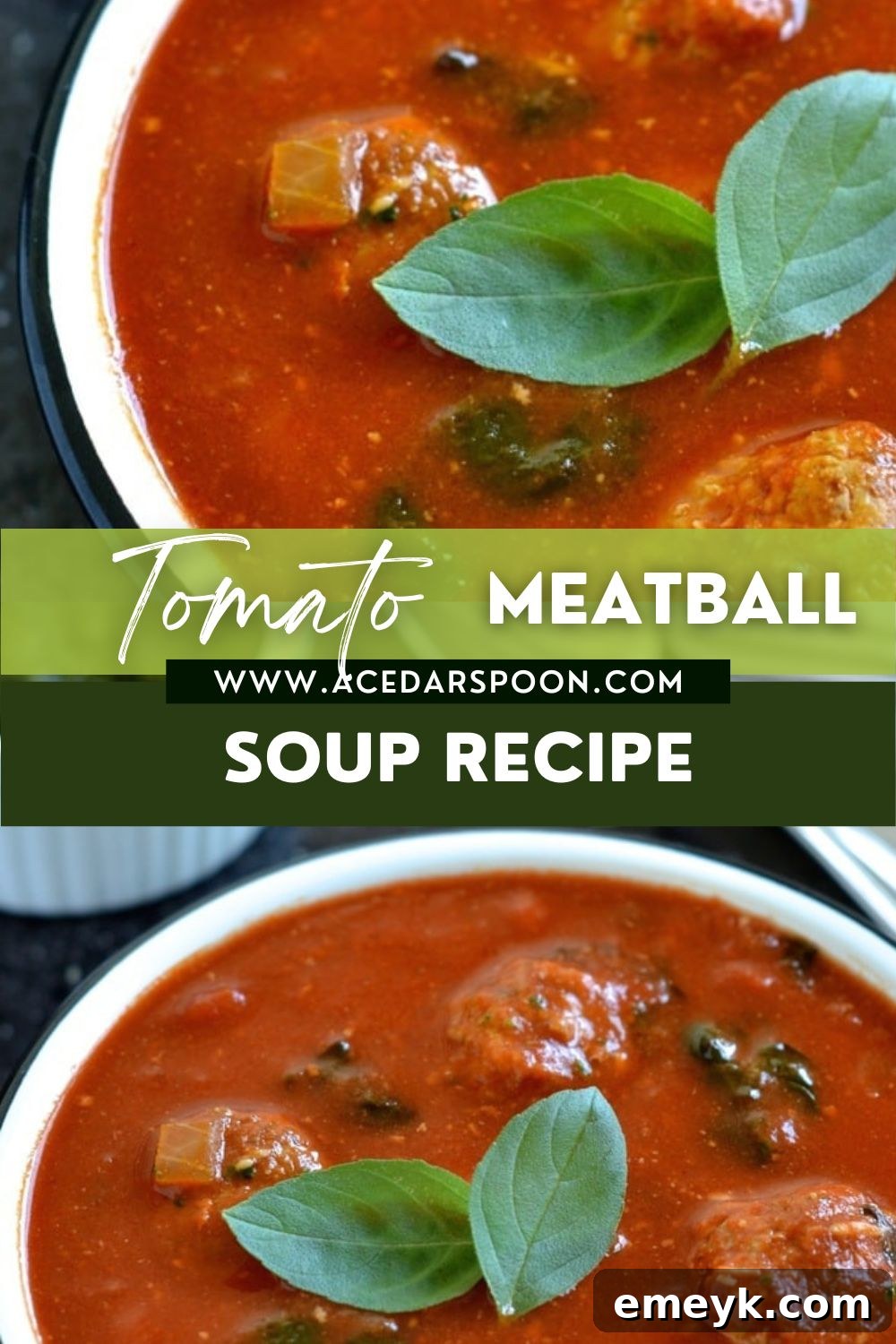 A stylized image with the Spinach and Tomato Soup and a logo overlay.
