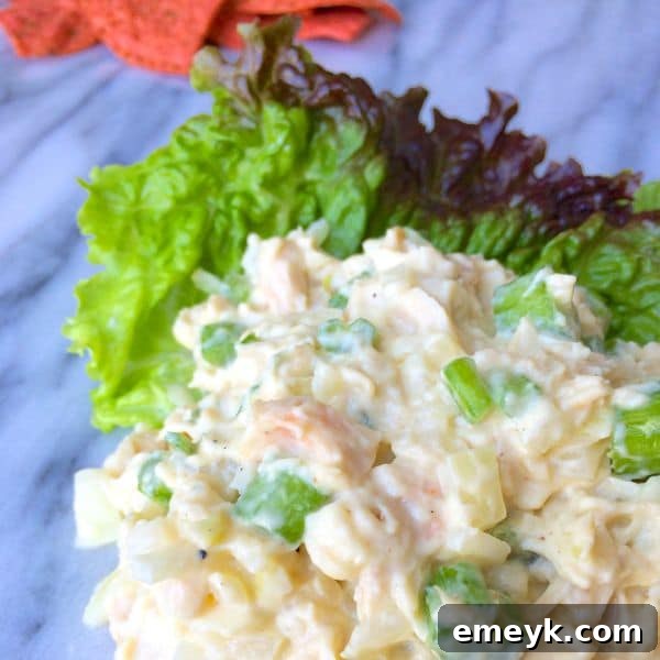 Close-up of Lightened Chicken Salad, featuring visible chunks of chicken, celery, and onion, ready to be served.