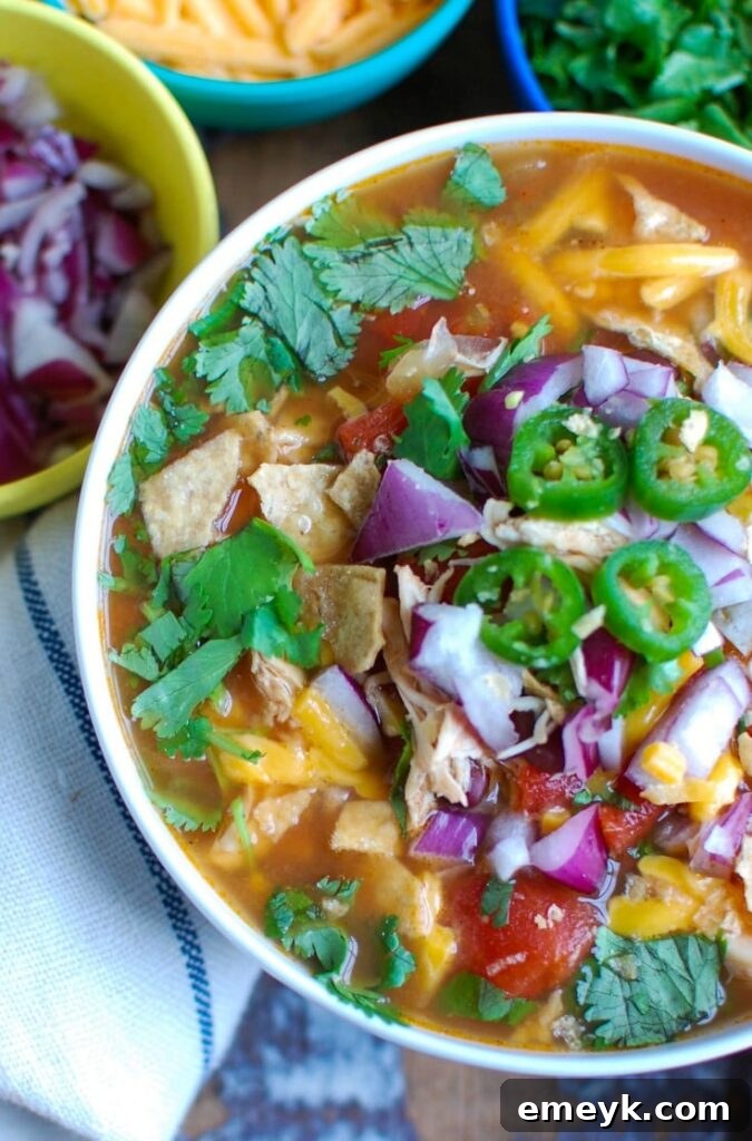 Close-up of Slow Cooker Chicken Tortilla Soup in a bowl, topped with fresh cilantro