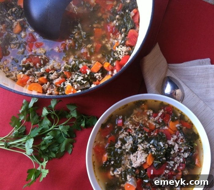 Nourishing Turkey Kale and Brown Rice Bowl 3 Close-up of hearty Turkey Kale and Brown Rice Soup in a bowl