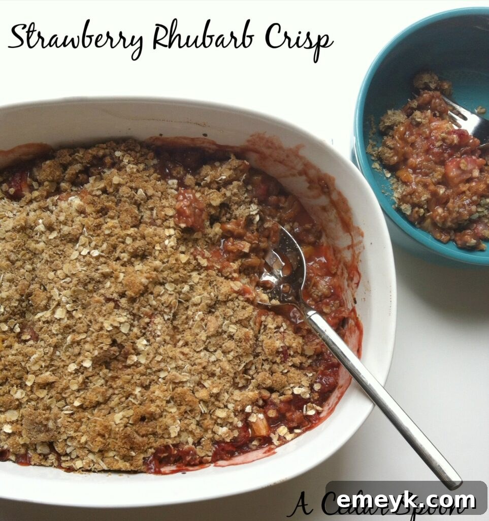 A serving of homemade Strawberry Rhubarb Crisp with a scoop of vanilla ice cream, ready to enjoy