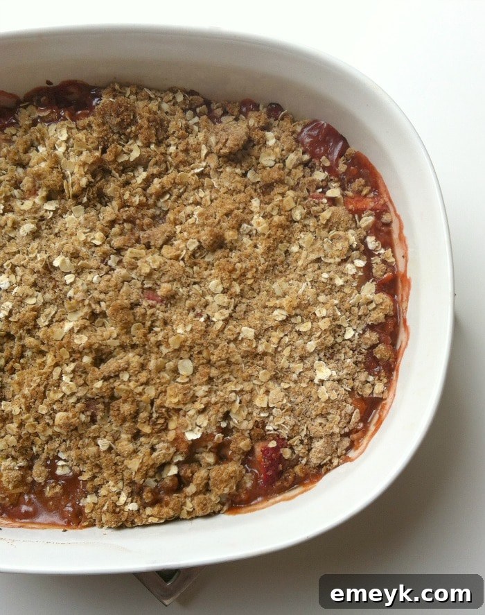 Close-up shot of the bubbly fruit filling and golden oat topping of a freshly baked Strawberry Rhubarb Crisp