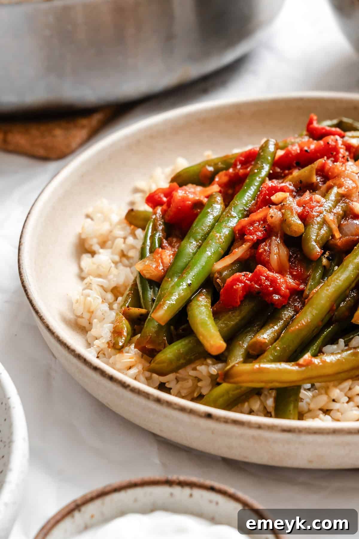 A bowl of freshly cooked Lebanese Green Beans, showcasing the vibrant green beans and rich tomato sauce