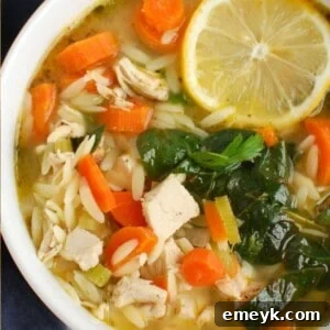 Sunshine Lemon Chicken Orzo Soup 9 Lemon Chicken Orzo Soup in a large bowl, ready to serve