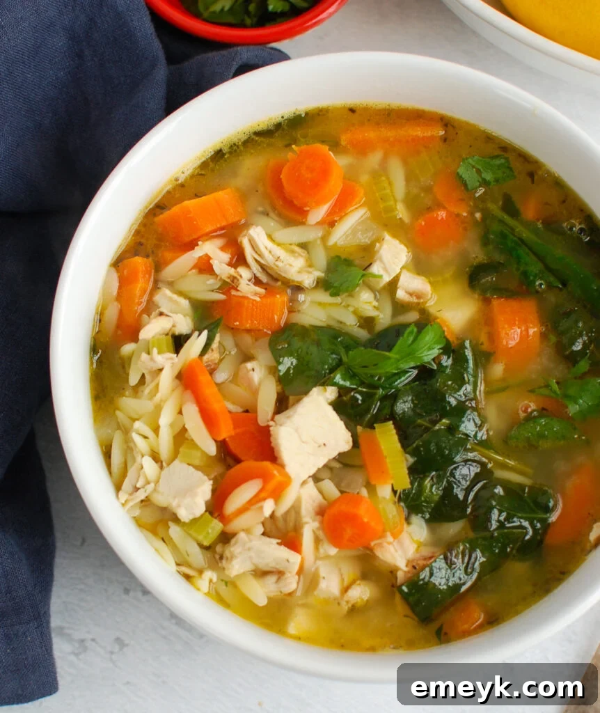 Sunshine Lemon Chicken Orzo Soup 6 Lemon Chicken Orzo Soup garnished with fresh parsley in a white bowl