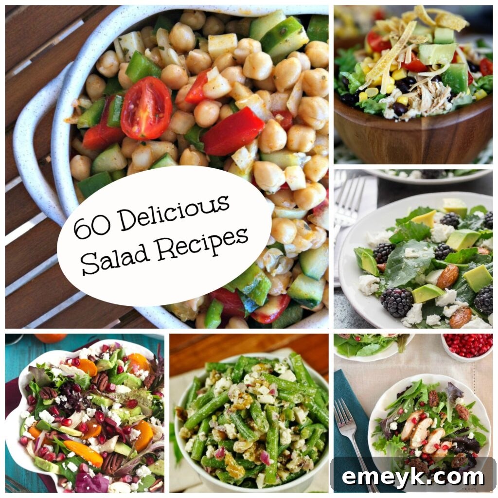 A vibrant array of 60 delicious salad recipes, showcasing diverse ingredients and colors.