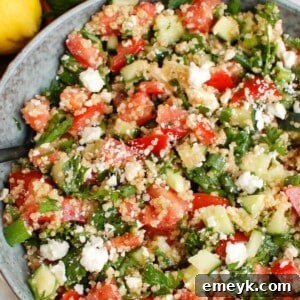 Tomato Cucumber Feta Quinoa Salad ready to be served