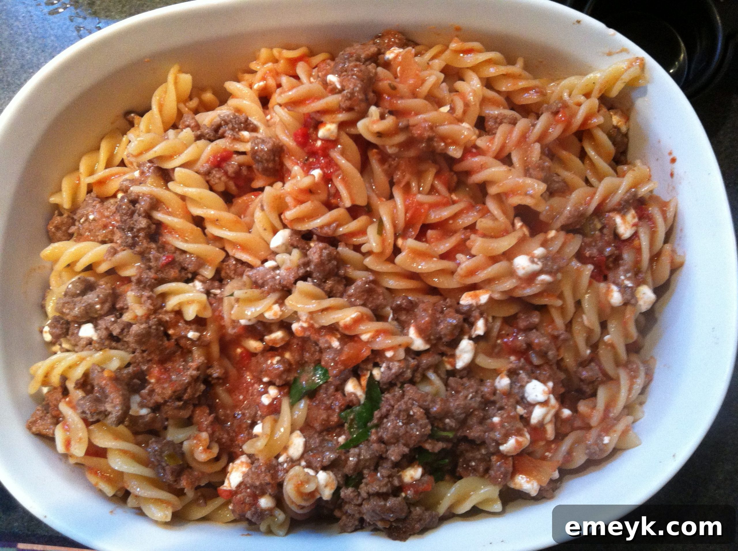 Close-up of the gooey, cheesy Easy Italian Pasta Bake, showing melted mozzarella