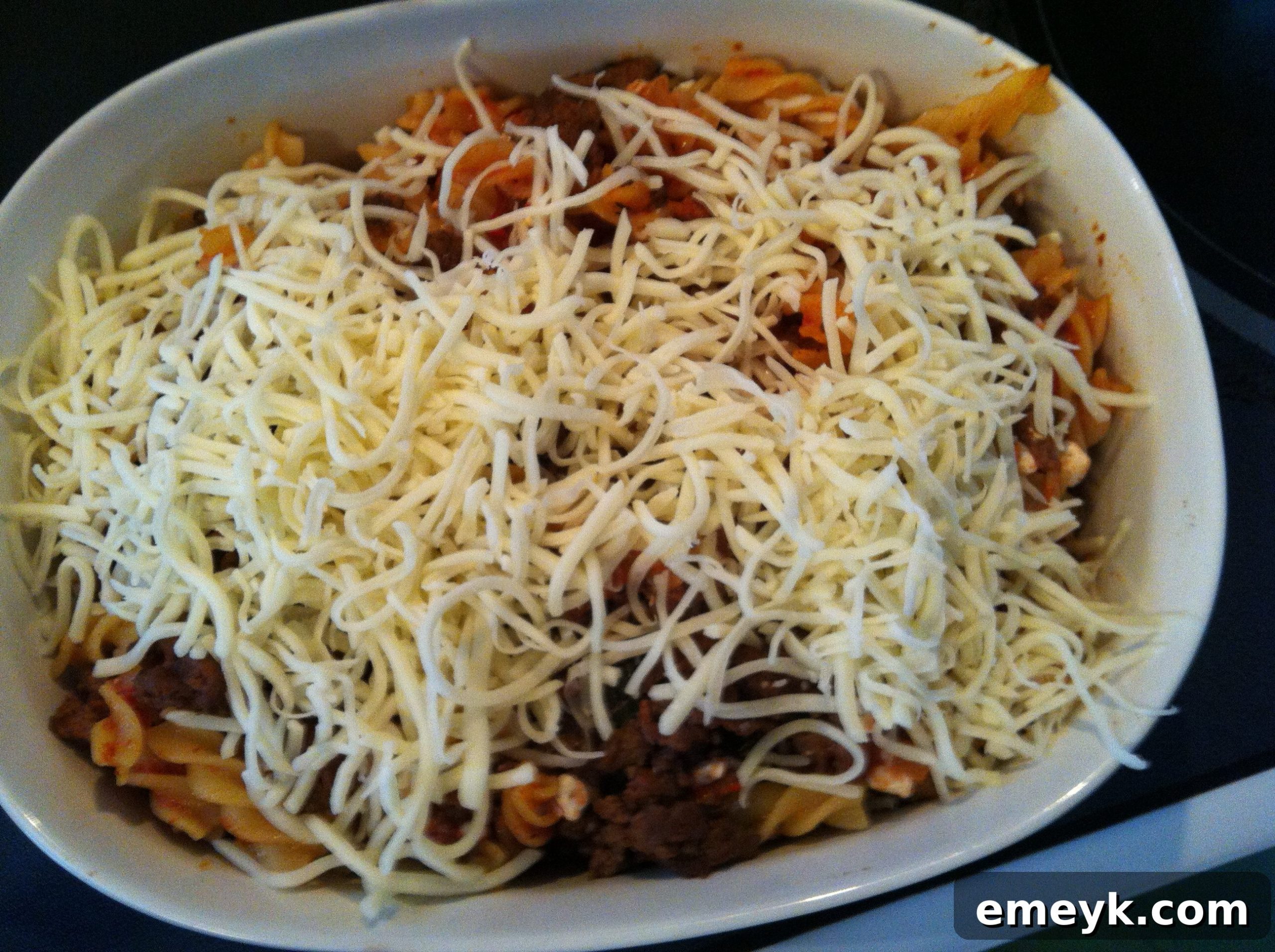The rich texture of the Easy Italian Pasta Bake with cottage cheese and beef