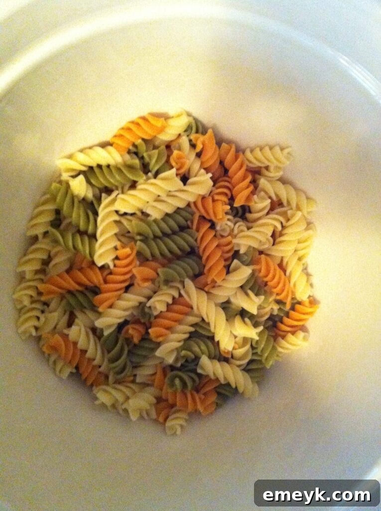 Colorful Rotini Pasta for Salads Colorful tri-colored rotini pasta, perfect for an appealing Greek Pasta Salad