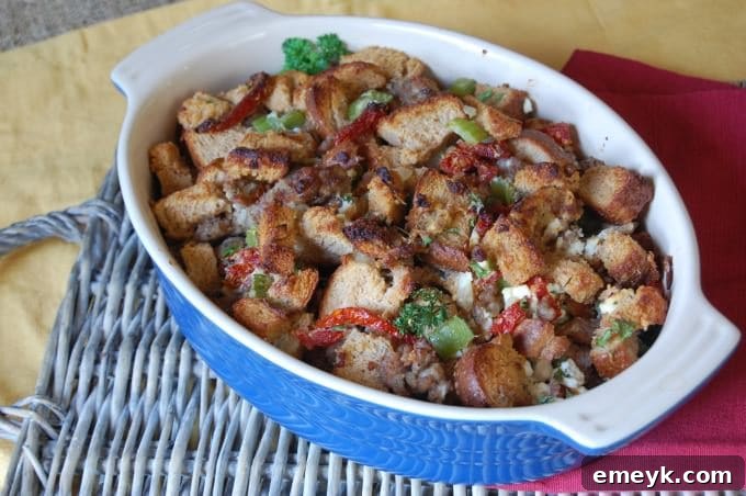 Rustic Tuscan Stuffing with Sausage Goat Cheese and Sun-dried Tomatoes 3 Close-up of baked stuffing