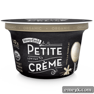 Stonyfield Petite Creme Vanilla Bean Yogurt container on a surface