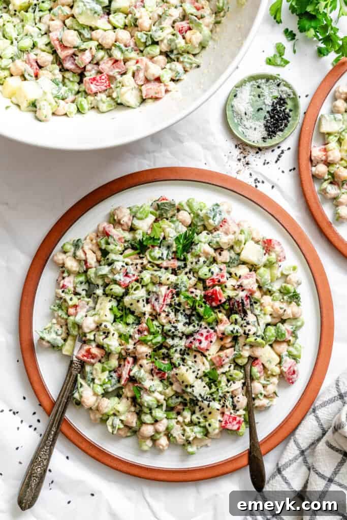 Edamame Chickpea Feta Salad on white plate