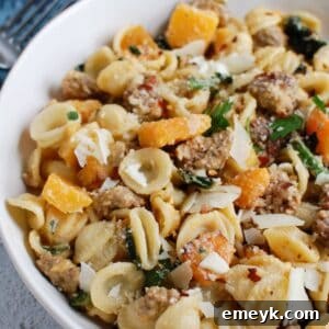 Creamy Butternut Squash Pasta in white bowl