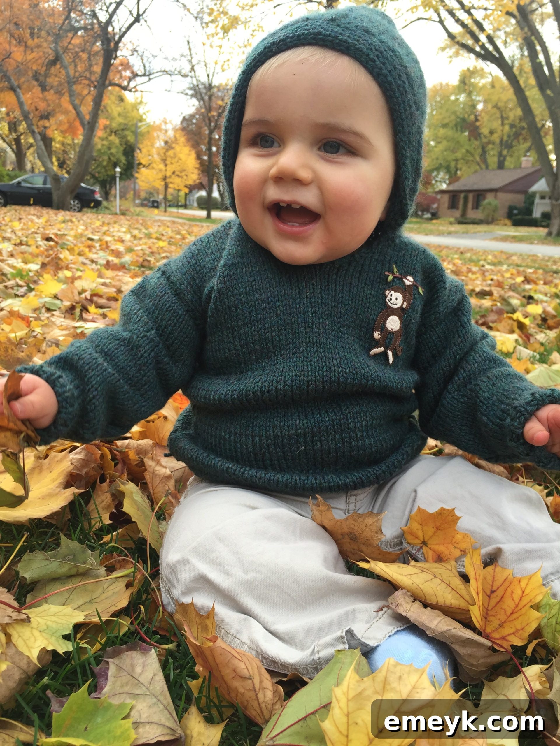 A child playing happily in a pile of autumn leaves outdoors.