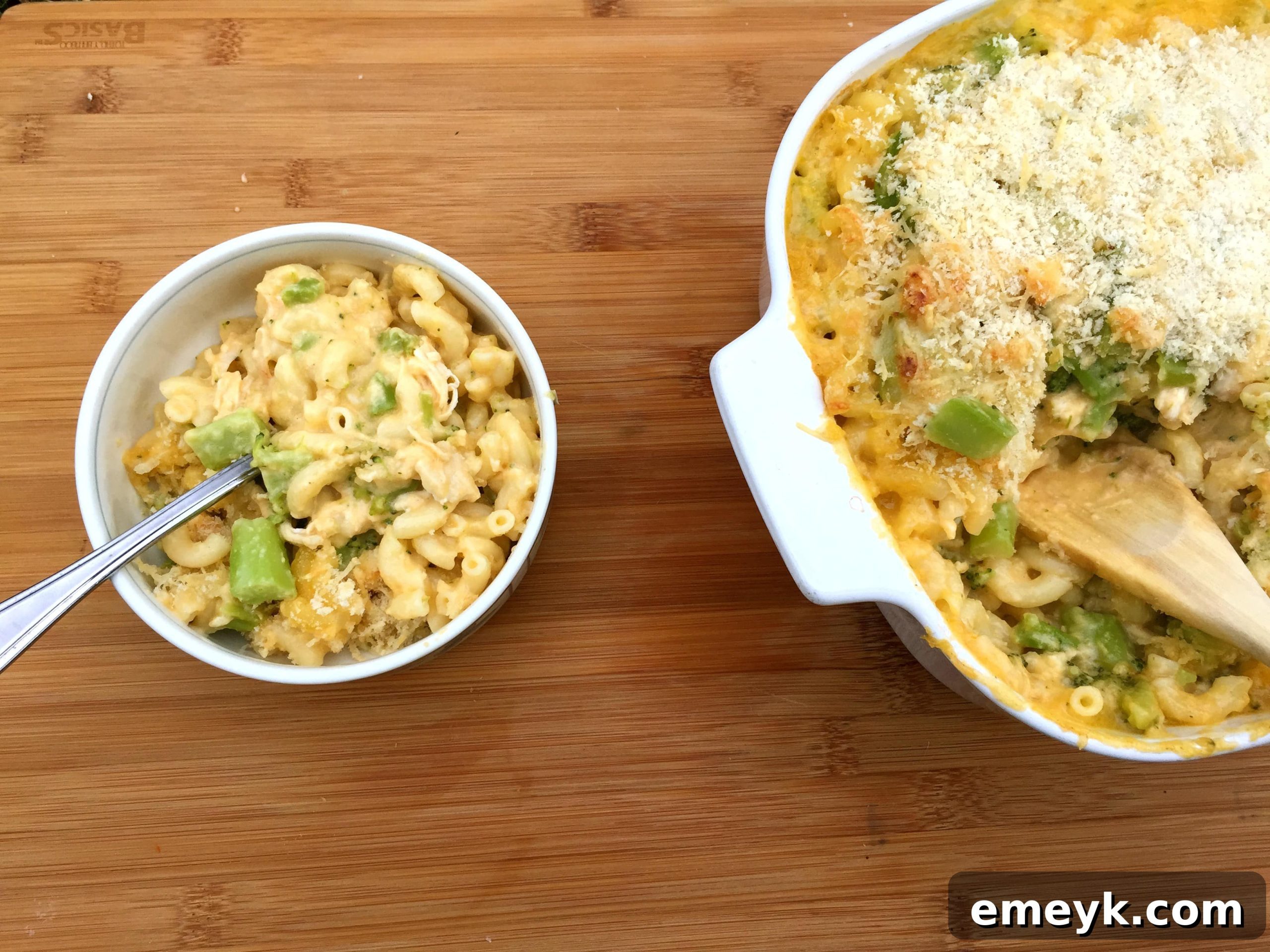 Close-up of golden brown Chicken Broccoli Mac and Cheese with a crispy topping