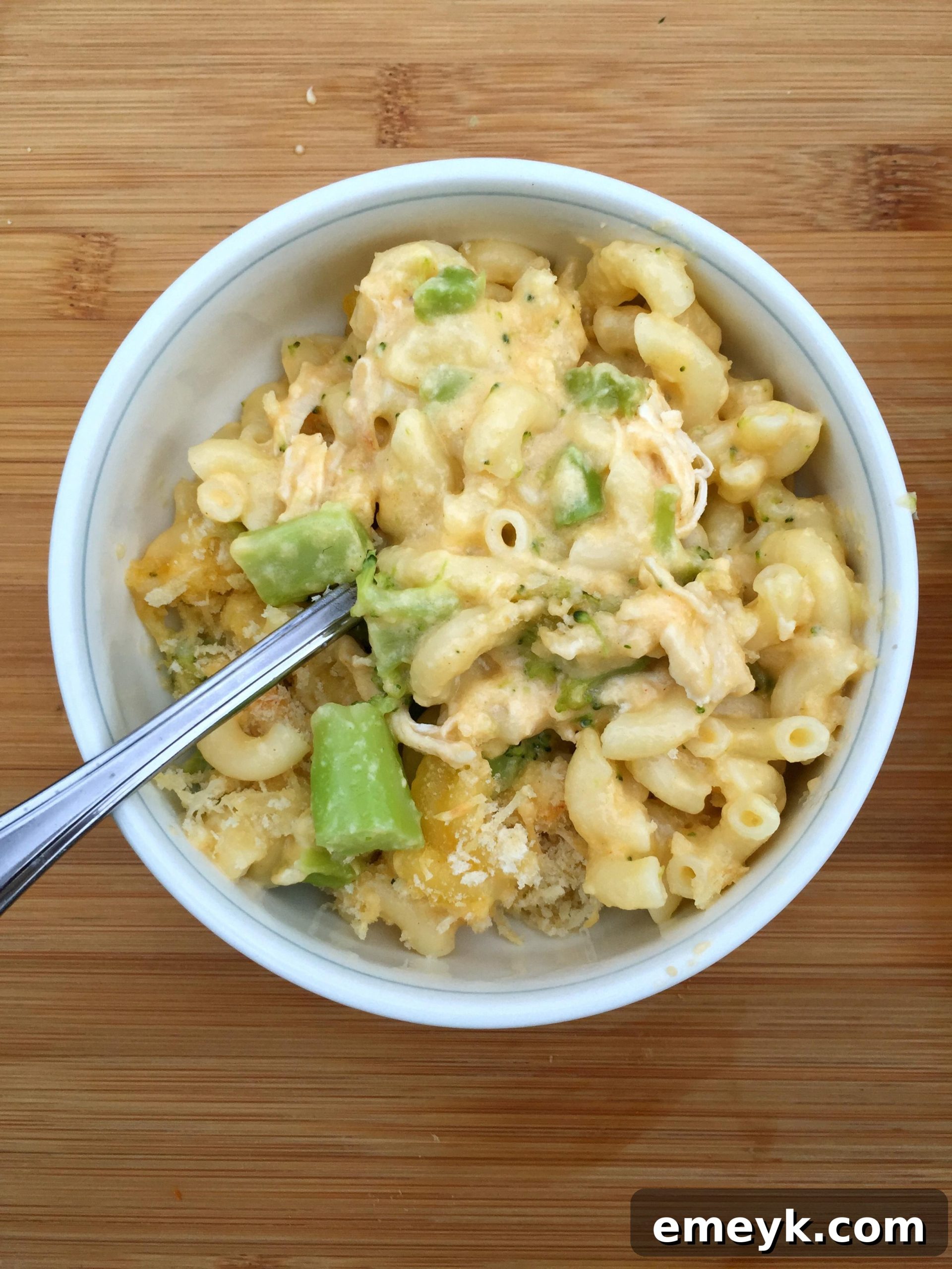 Chicken and Broccoli Mac and Cheese served in a bowl, ready to eat
