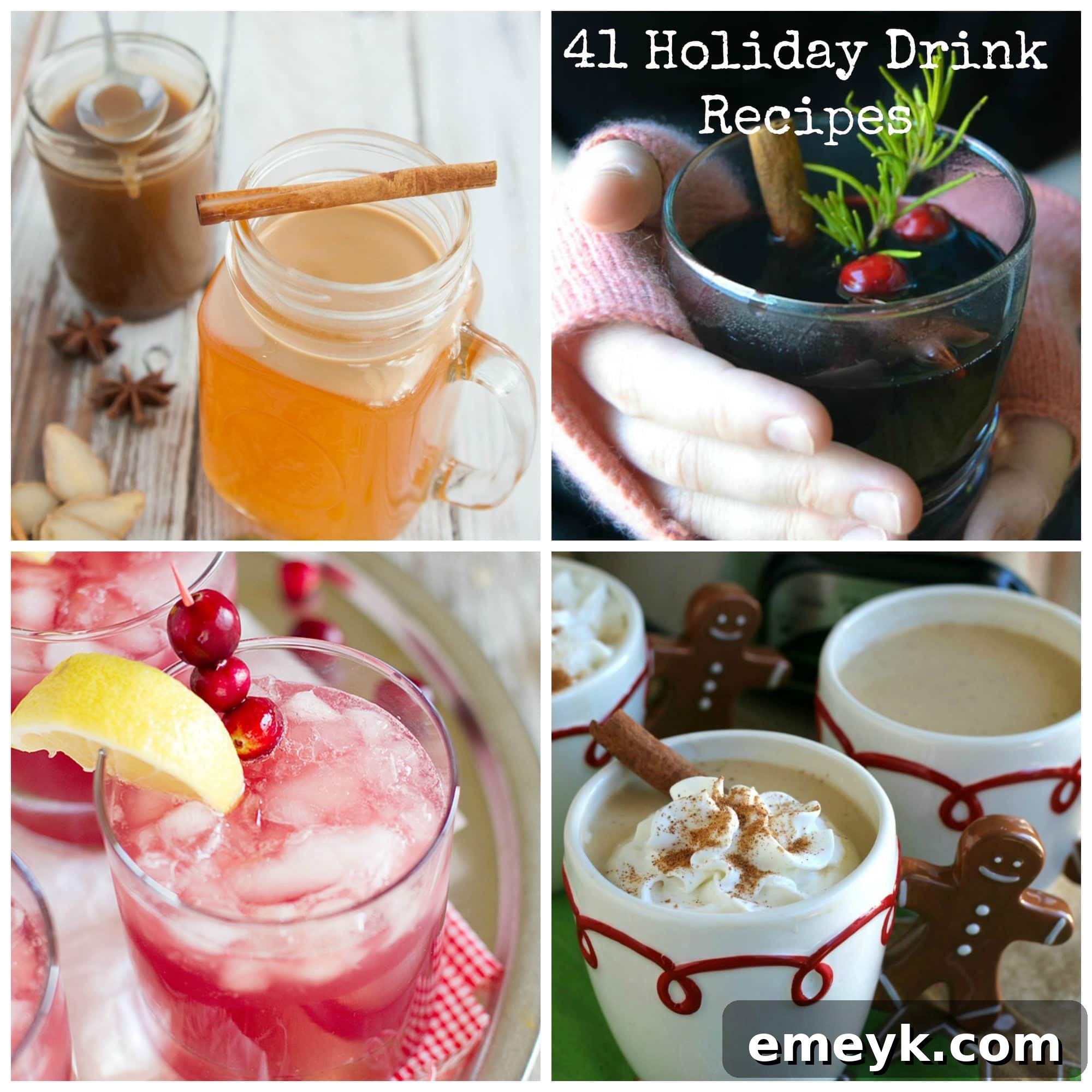 41 Festive Season Sips 2 A vibrant array of festive holiday drinks, showcasing colorful cocktails and cozy mugs, perfect for celebrating the season.