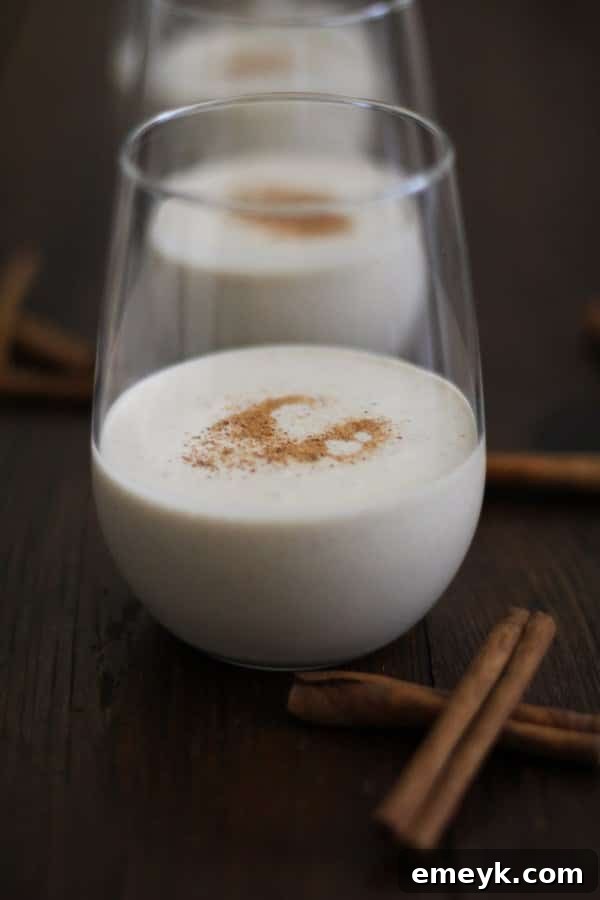41 Festive Season Sips 13 A glass of creamy Vegan Eggnog, garnished with a sprinkle of nutmeg, offering a dairy-free holiday alternative.