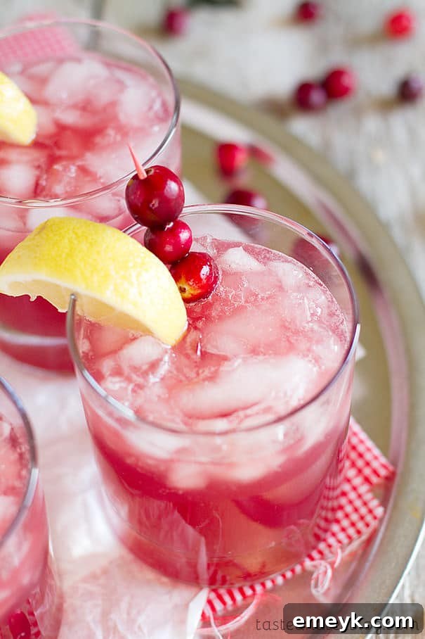 41 Festive Season Sips 8 A beautiful glass of Sparkling Cranberry Punch garnished with fresh cranberries and rosemary, perfect for a holiday party.