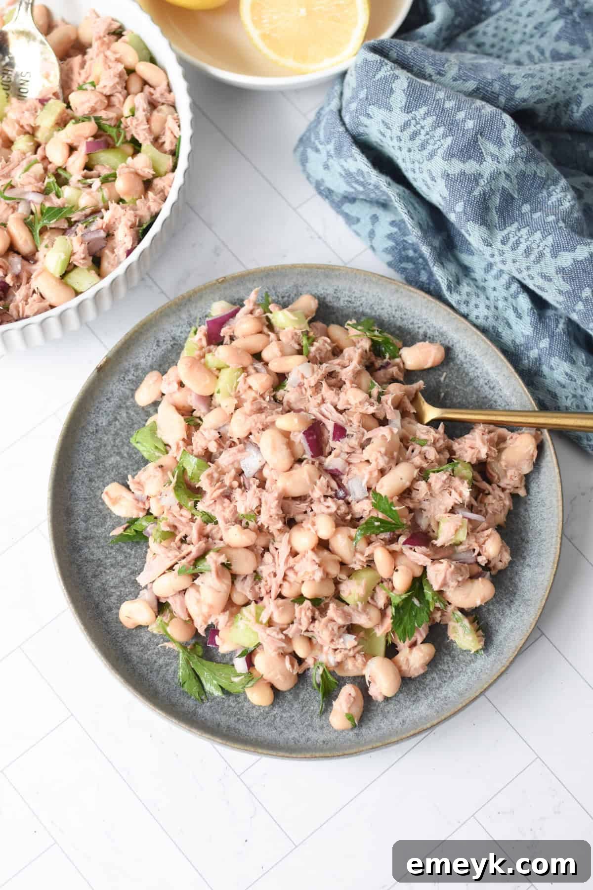 A vibrant Tuna Bean Salad elegantly presented on a bright blue plate, garnished with fresh herbs.