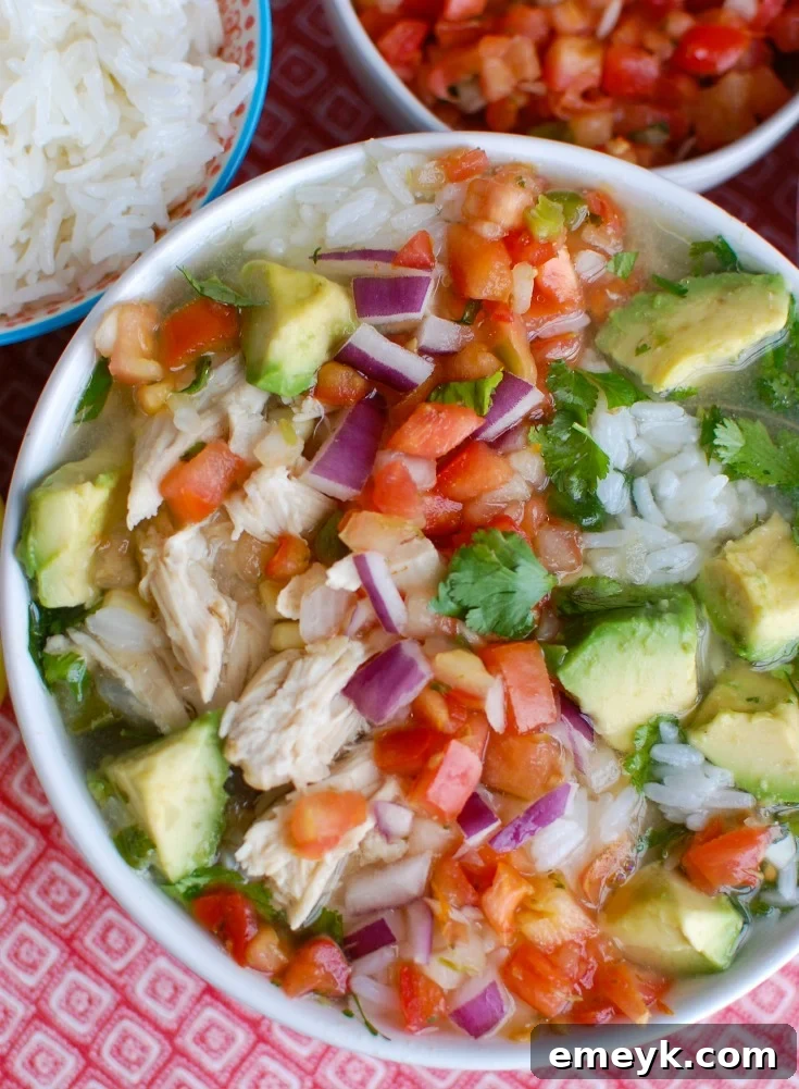 Slow-Simmered Mexican Lime Chicken Soup 3 Close-up of Slow Cooker Mexican Chicken Lime Soup in a bowl with avocado garnish