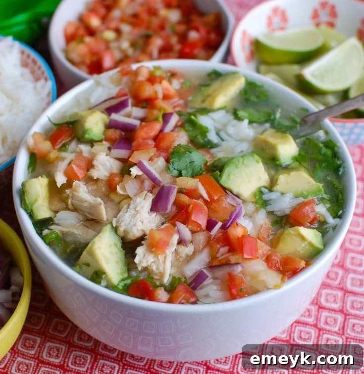 Slow-Simmered Mexican Lime Chicken Soup 4 Slow Cooker Mexican Chicken Lime Soup in a large pot with various garnishes