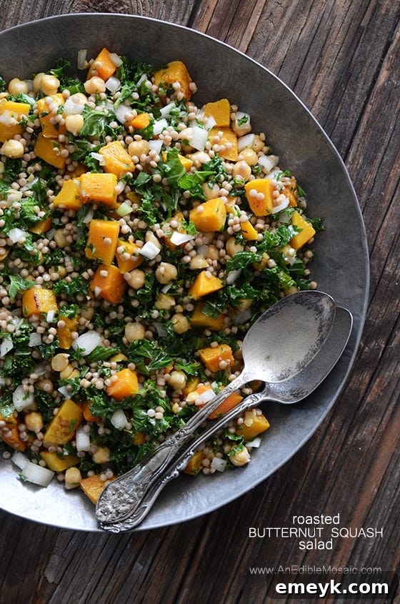 Embrace the Colors of Wellness 9 Roasted Butternut Squash Salad with Chickpeas, Kale, and Pearl Couscous, featuring autumnal colors