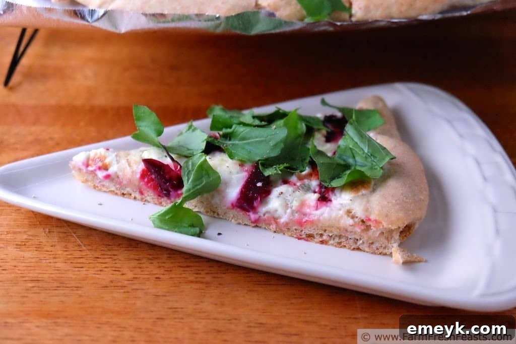 Embrace the Colors of Wellness 38 Roasted Beet & Arugula Pizza, a vibrant pizza topped with roasted beets and fresh arugula
