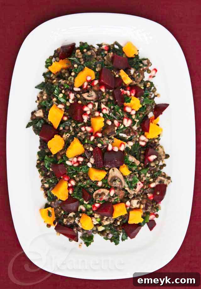 Embrace the Colors of Wellness 16 Lentil Salad with Kale, Whole Grains, Beets and Pomegranate Seeds, a superfood packed colorful salad
