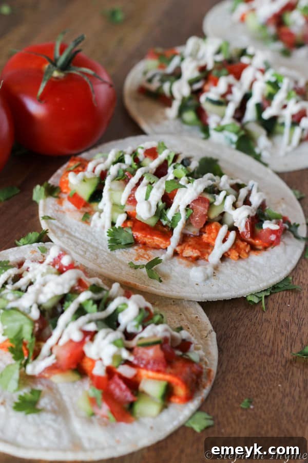 Embrace the Colors of Wellness 30 Buffalo Tempeh Tacos with Vegan Crema, a plant-based and spicy taco option
