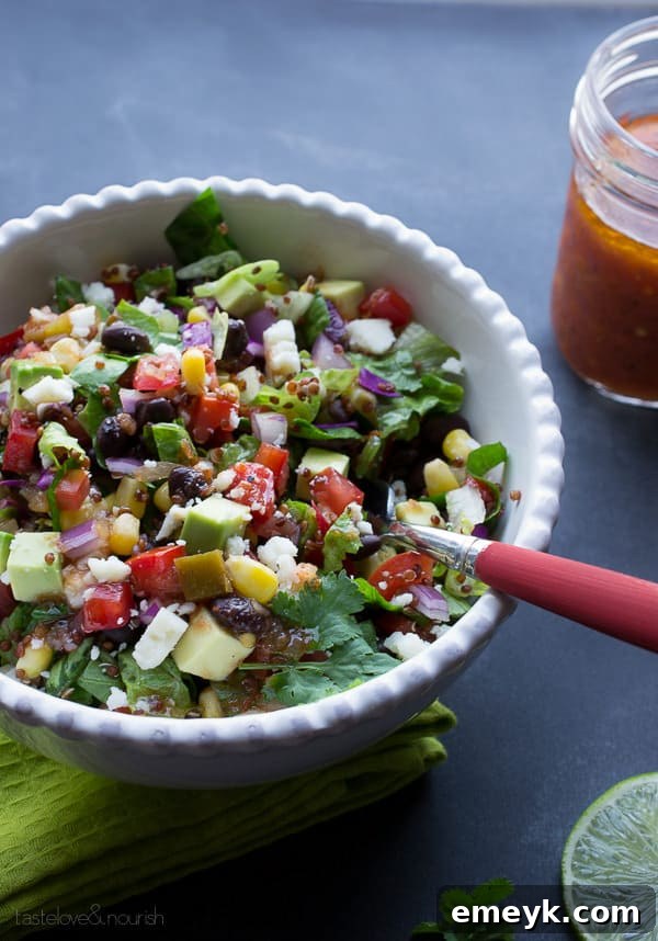 Southwest Chopped Salad with Salsa Vinaigrette, a hearty and colorful salad with Mexican-inspired ingredients