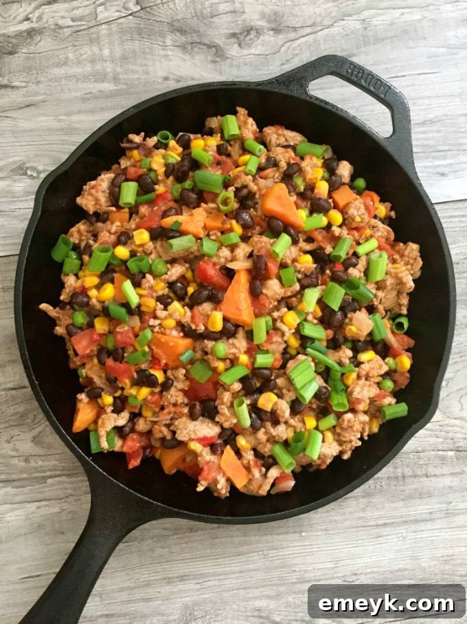 15-Minute Turkey, Sweet Potato and Black Bean One-Pan Dinner 3 Close-up shot of the savory turkey, sweet potato, and black bean mixture in a skillet