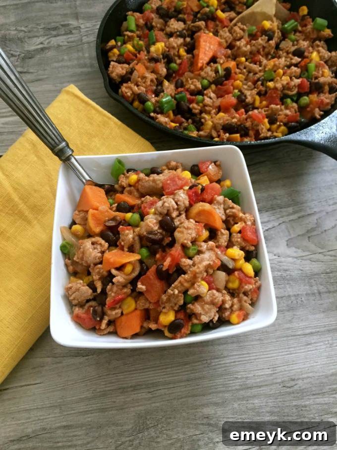 15-Minute Turkey, Sweet Potato and Black Bean One-Pan Dinner 4 Various fresh ingredients for the Turkey Sweet Potato Black Bean Skillet laid out on a cutting board