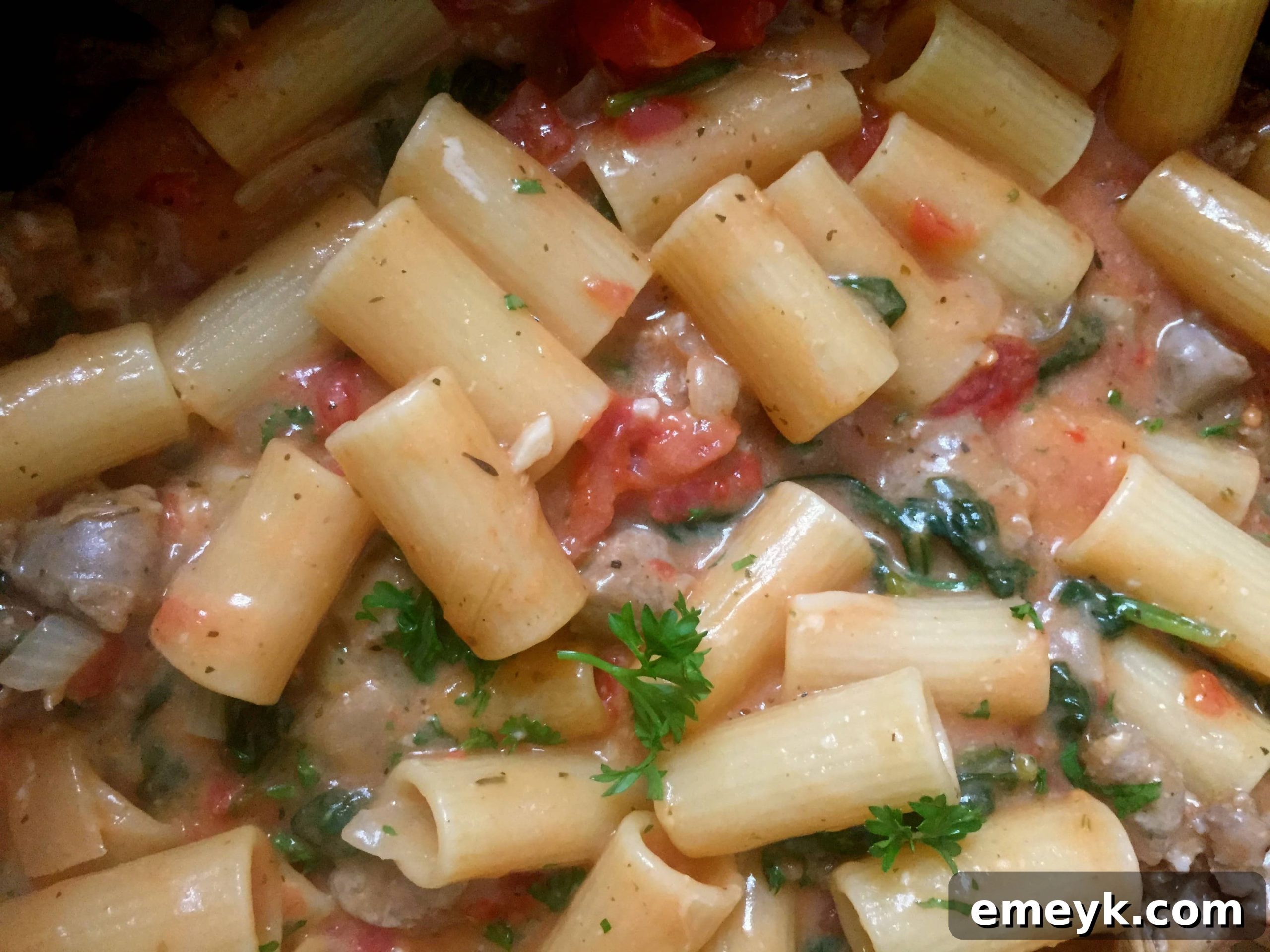 One Pot Cheesy Sausage Pasta in the pot