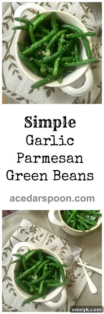 Close up of a spoonful of Simple Garlic Parmesan Green Beans, highlighting the perfect texture and cheesy, garlicky coating.