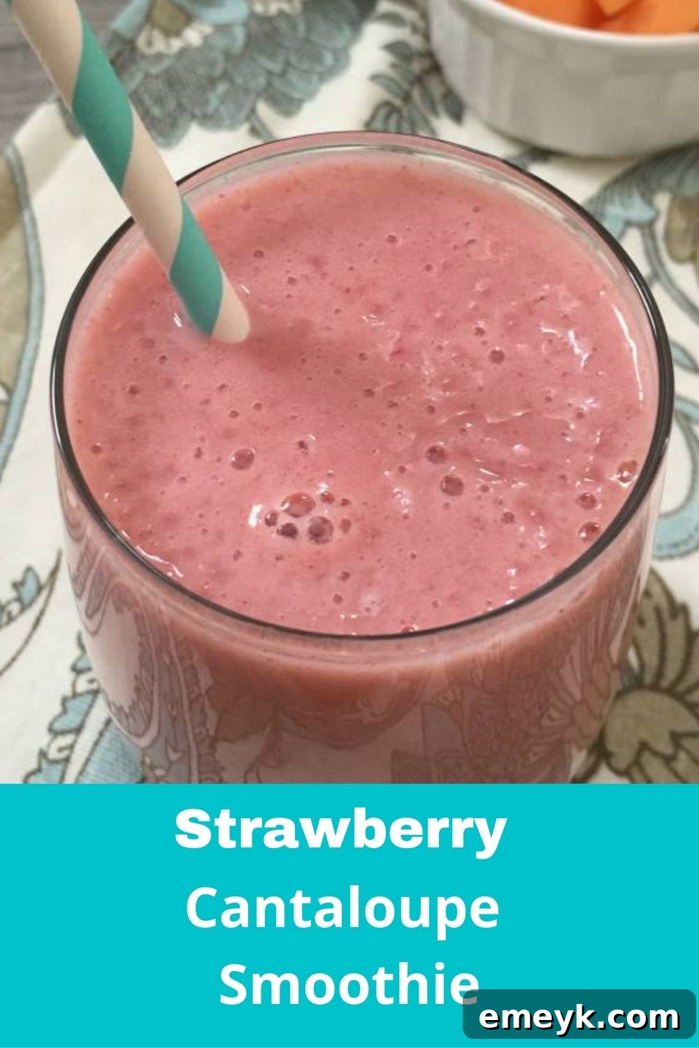 Another perspective of the delicious Strawberry Cantaloupe Smoothie, ready to be enjoyed.