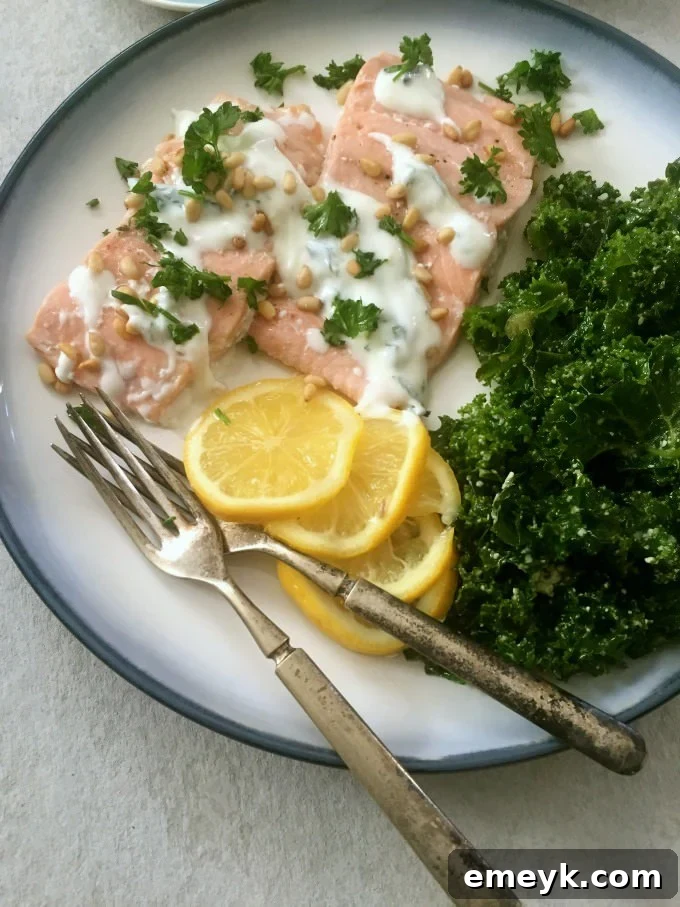 Lemon Baked Salmon with Pine Nuts and Mint Yogurt Sauce