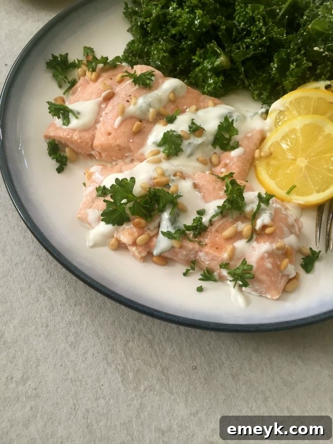 Lemon Baked Salmon with Pine Nuts and Mint Yogurt Sauce